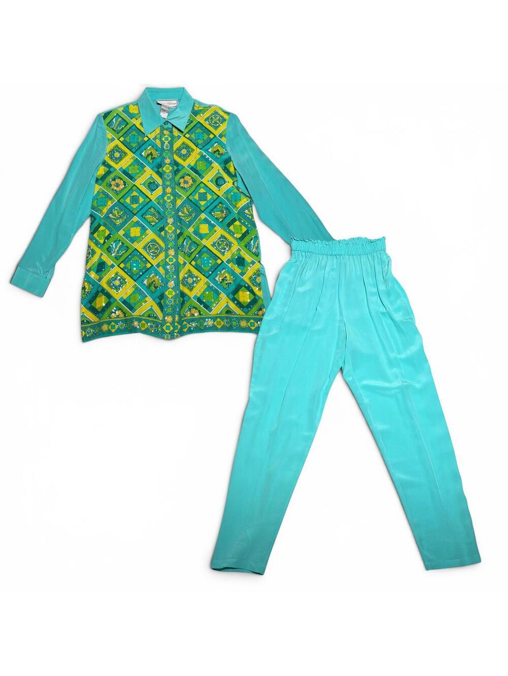 Vintage Diane Gilman 100% Silk Turquoise Printed Two-Piece Set Size S